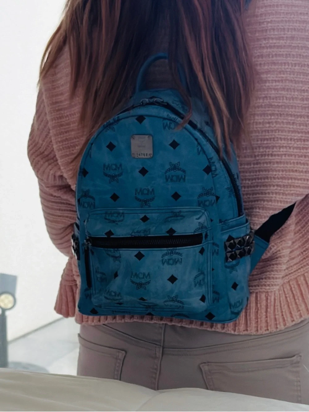 Authentic MCM Stark Mini Backpack Blue Visetos Studded 8x10x4 clean + Dust Bag